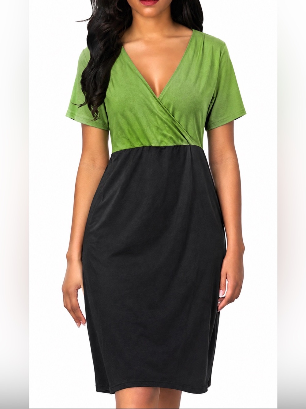 A482 Two-Tone Green and Black V Neck Short Sleeve Midi Dress NEW